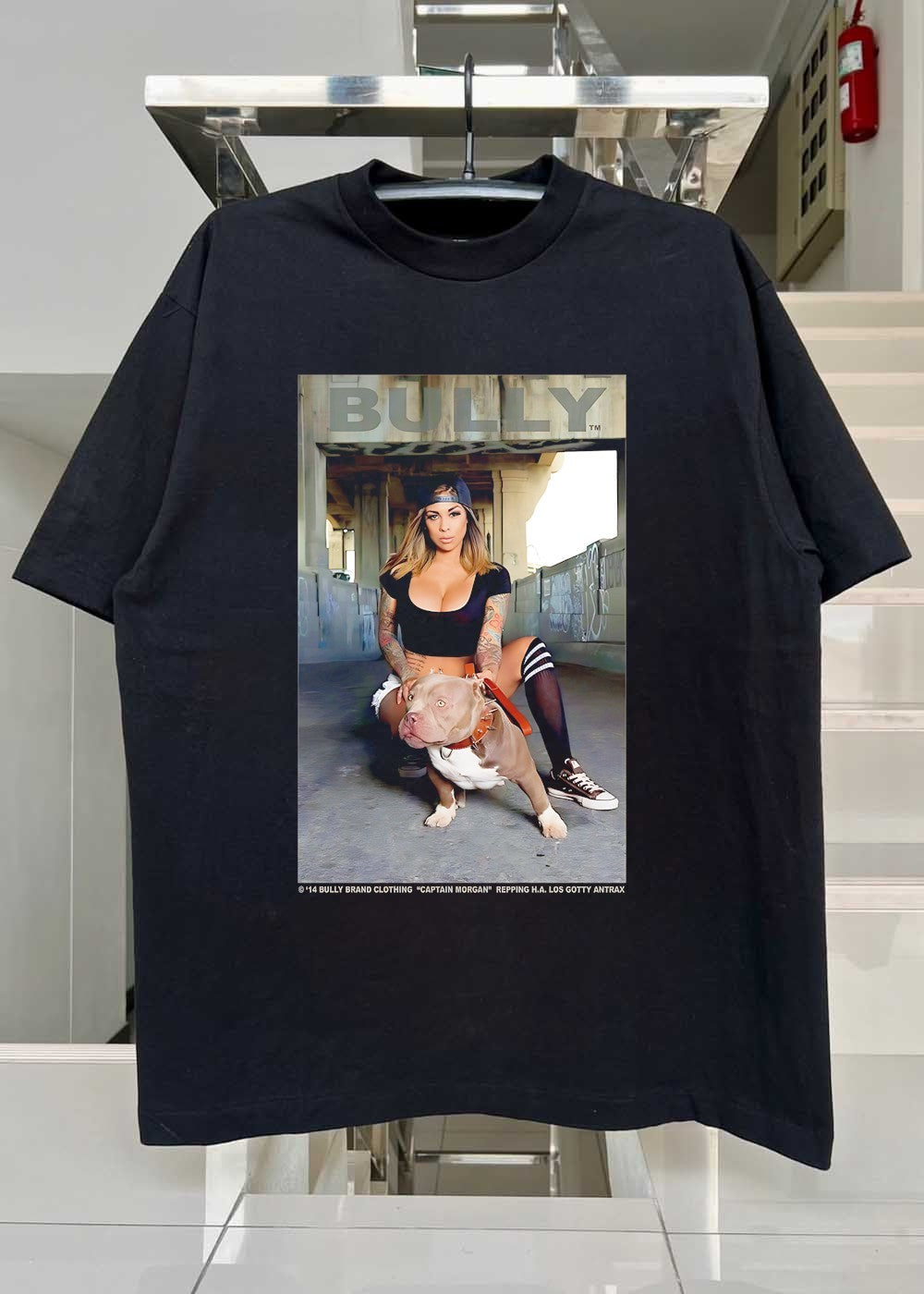 Bully Brand Clothing Captain Morgan Repping HA Los Gotty Antrax Woman Kneeling with Pitbull Shirt