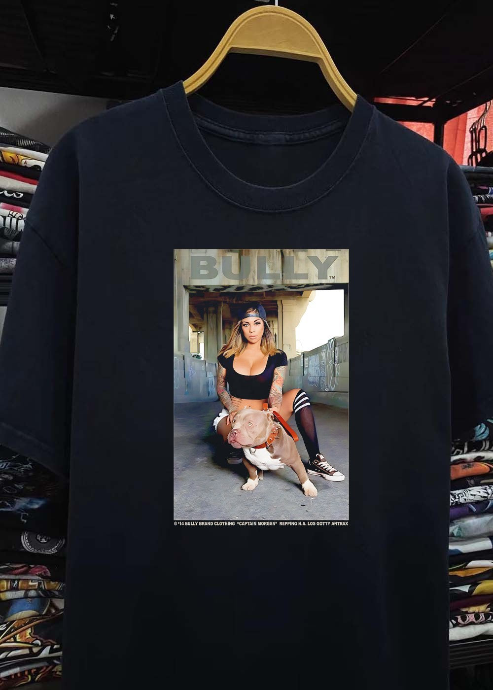Bully Brand Clothing Captain Morgan Repping HA Los Gotty Antrax Woman Kneeling with Pitbull Shirt