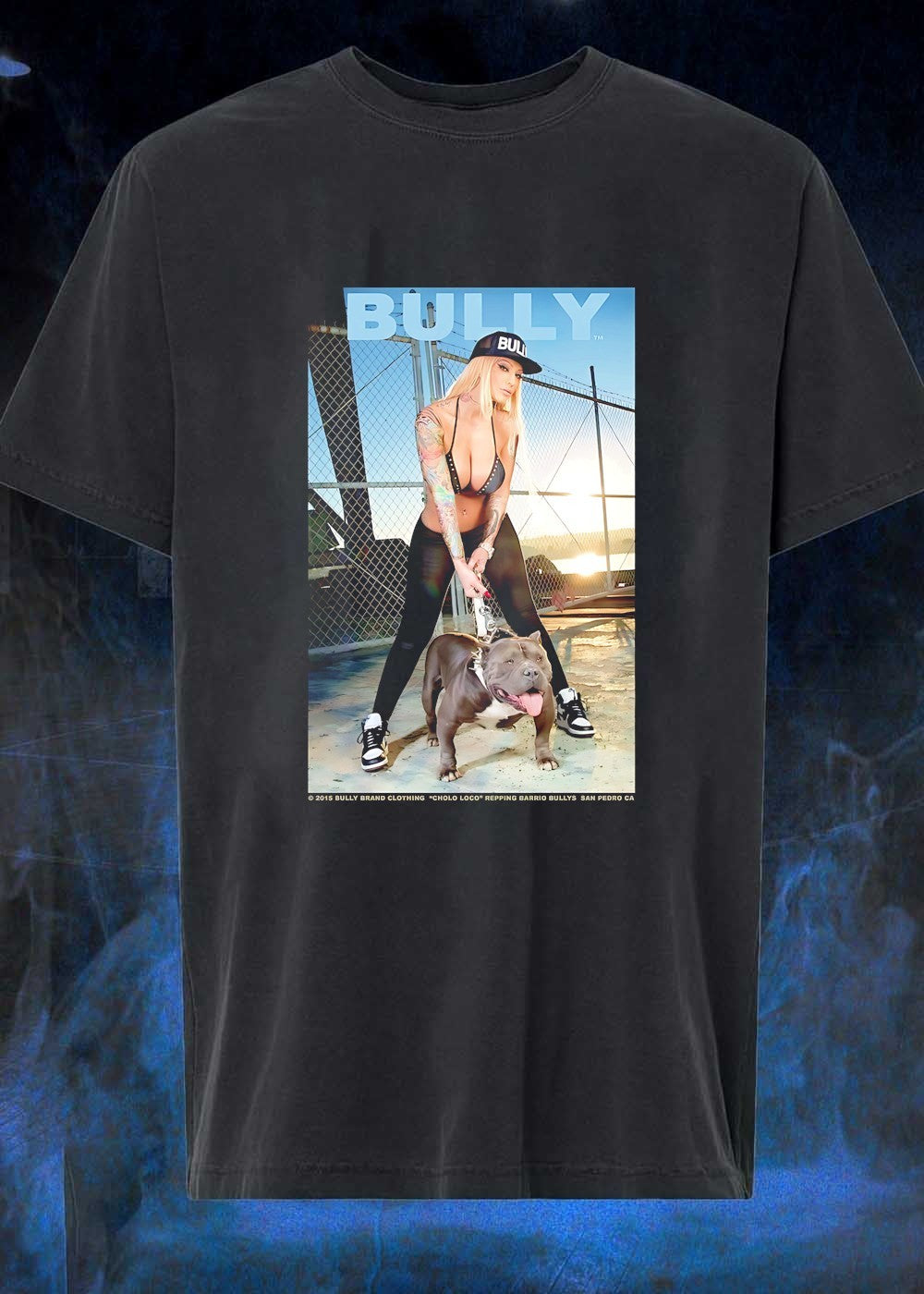 Bully Brand Clothing Cholo Loco Repping Barrio Bullys San Pedro CA Woman Holding Pitbull T-Shirt