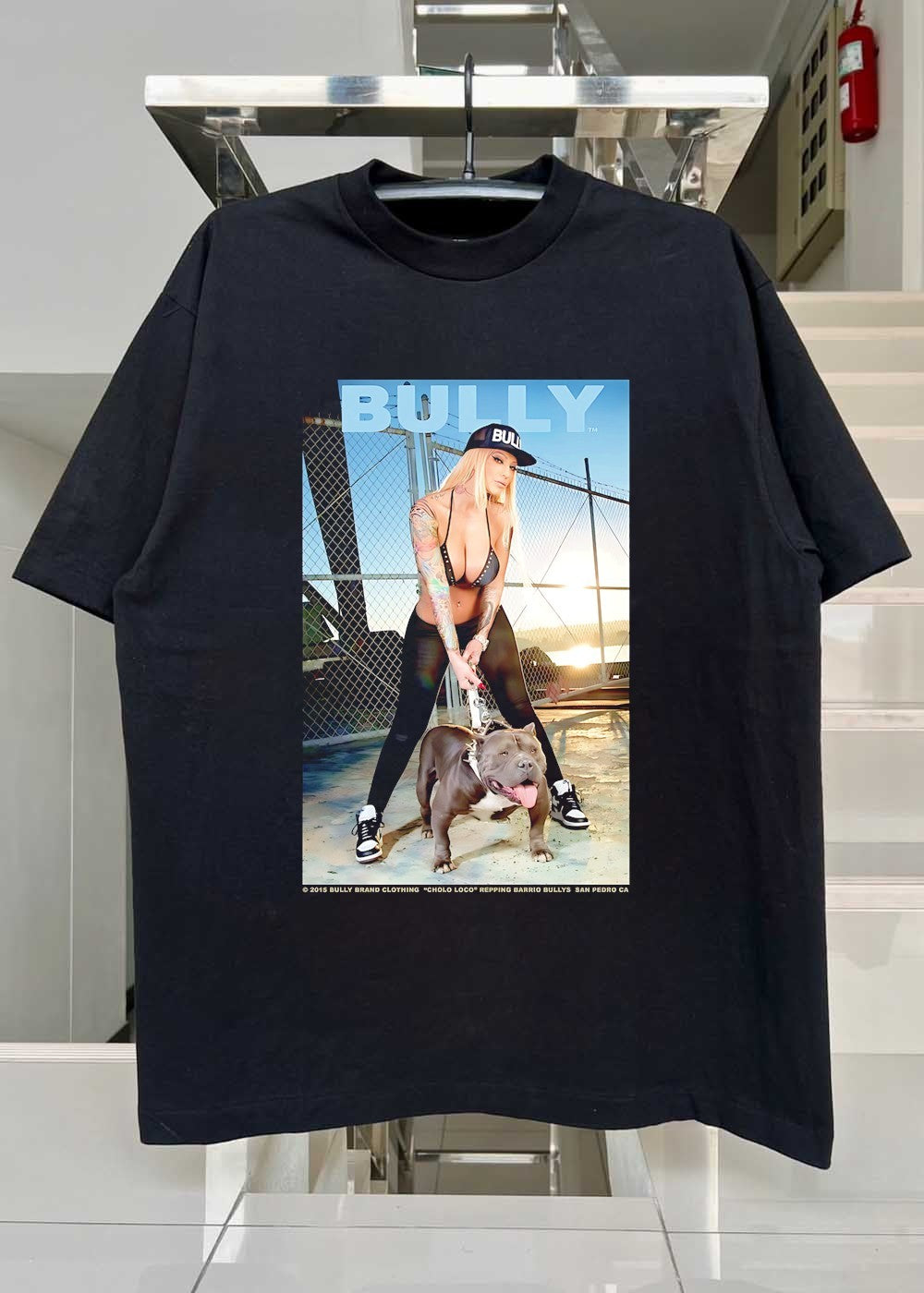 Bully Brand Clothing Cholo Loco Repping Barrio Bullys San Pedro CA Woman Holding Pitbull T-Shirt
