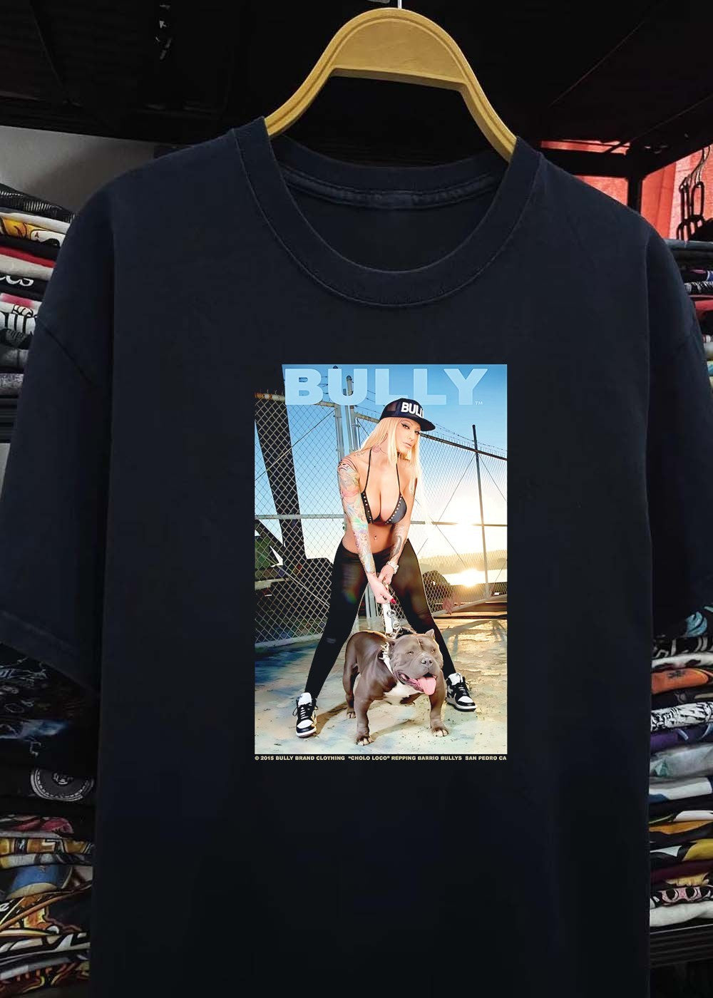 Bully Brand Clothing Cholo Loco Repping Barrio Bullys San Pedro CA Woman Holding Pitbull T-Shirt