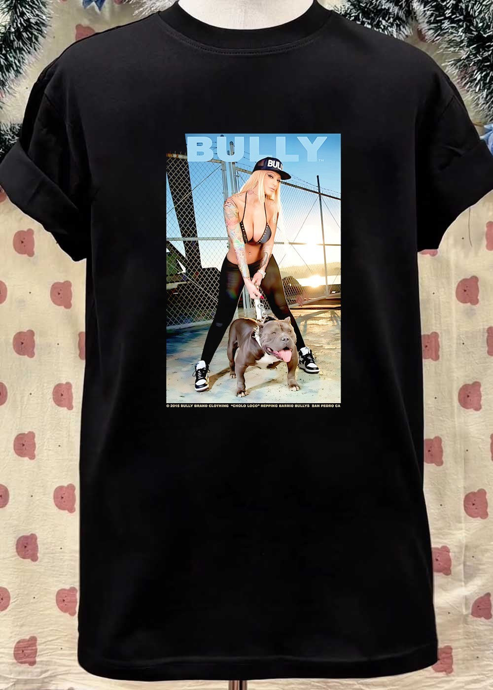 Bully Brand Clothing Cholo Loco Repping Barrio Bullys San Pedro CA Woman Holding Pitbull T-Shirt