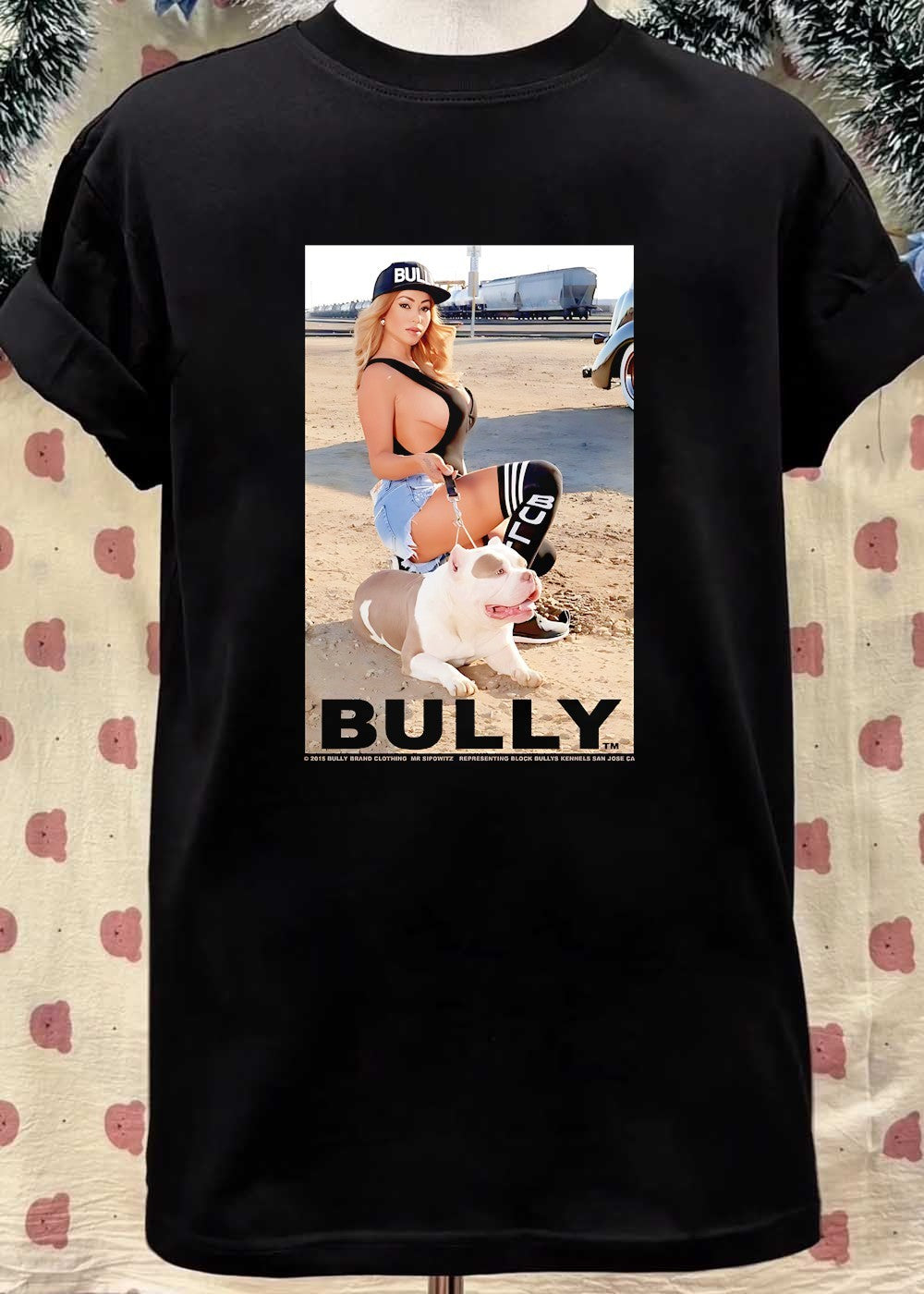Bully Brand Clothing Mr Sipowitz Representing Block Bullys Kennels San Jose CA Woman Kneeling with Pit Bull Dog T-Shirt