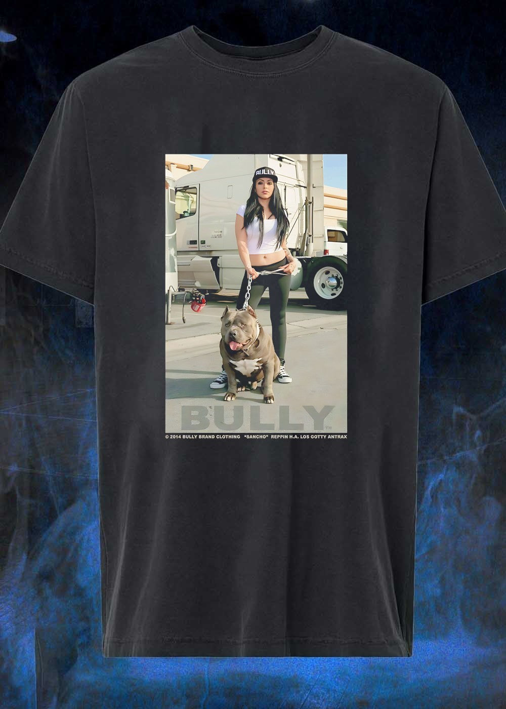 Bully Brand Clothing Sancho Reppin HA Los Gotty Antrax Woman With Dog Shirt