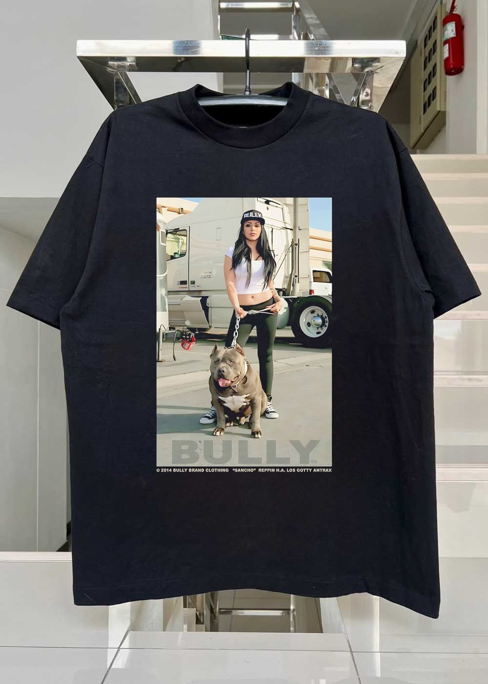 Bully Brand Clothing Sancho Reppin HA Los Gotty Antrax Woman With Dog Shirt