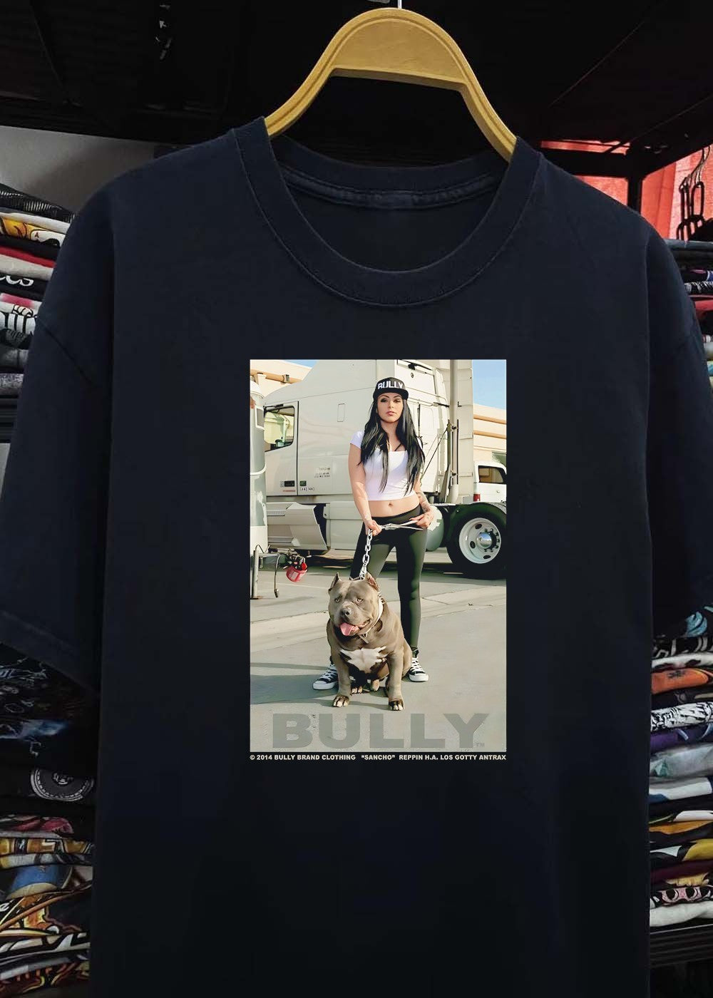 Bully Brand Clothing Sancho Reppin HA Los Gotty Antrax Woman With Dog Shirt