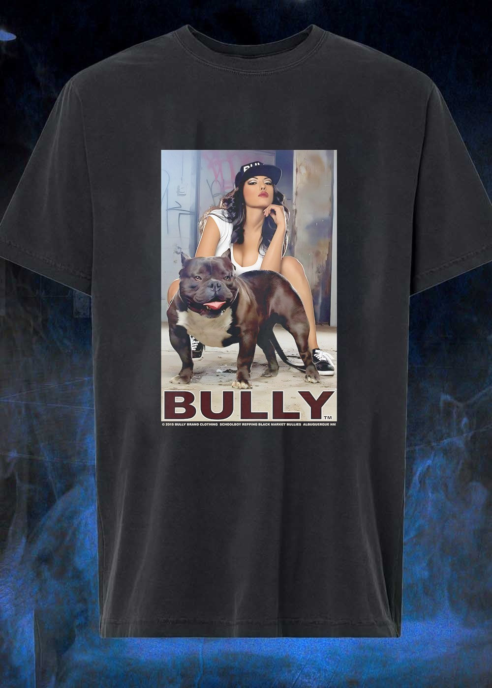 Bully Brand Clothing Schoolboy Repping Black Market Bullies Albuquerque NM Woman Posing with Muscular Pitbull T-Shirt