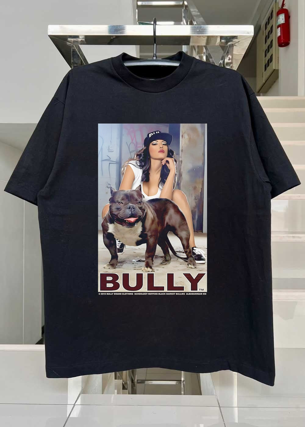 Bully Brand Clothing Schoolboy Repping Black Market Bullies Albuquerque NM Woman Posing with Muscular Pitbull T-Shirt