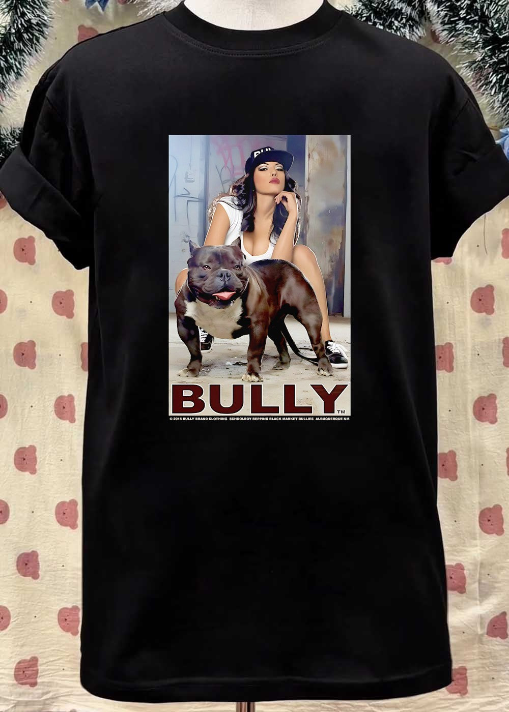 Bully Brand Clothing Schoolboy Repping Black Market Bullies Albuquerque NM Woman Posing with Muscular Pitbull T-Shirt