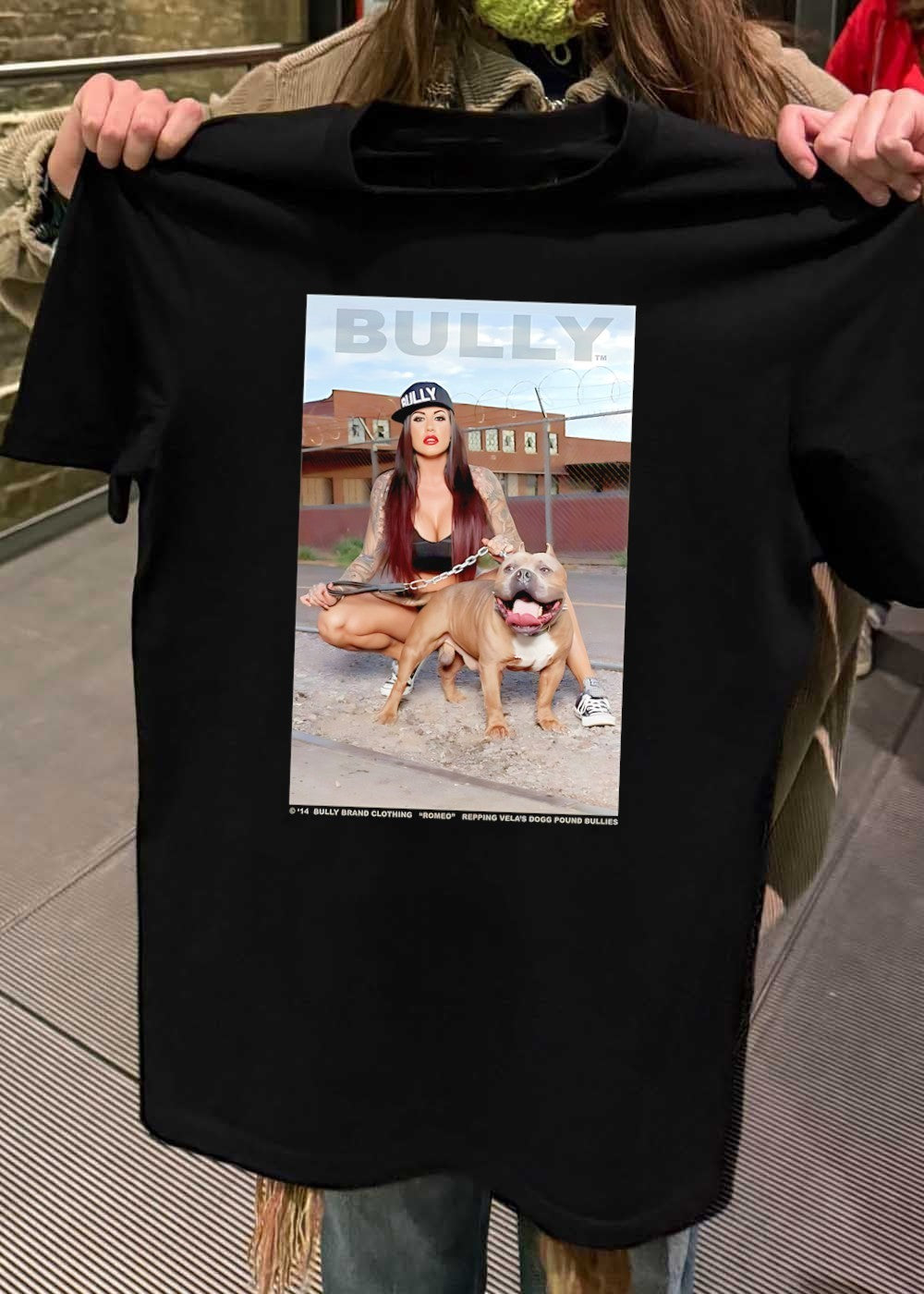 Bully Brand Clothing Woman Holding American Bully Dog Repping Velas Dogg Pound Bullies T-Shirt