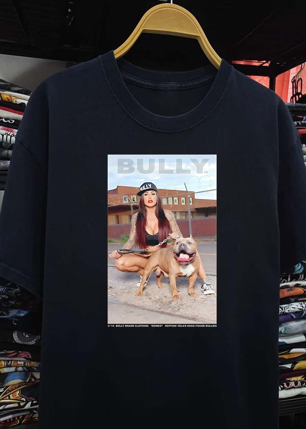 Bully Brand Clothing Woman Holding American Bully Dog Repping Velas Dogg Pound Bullies T-Shirt