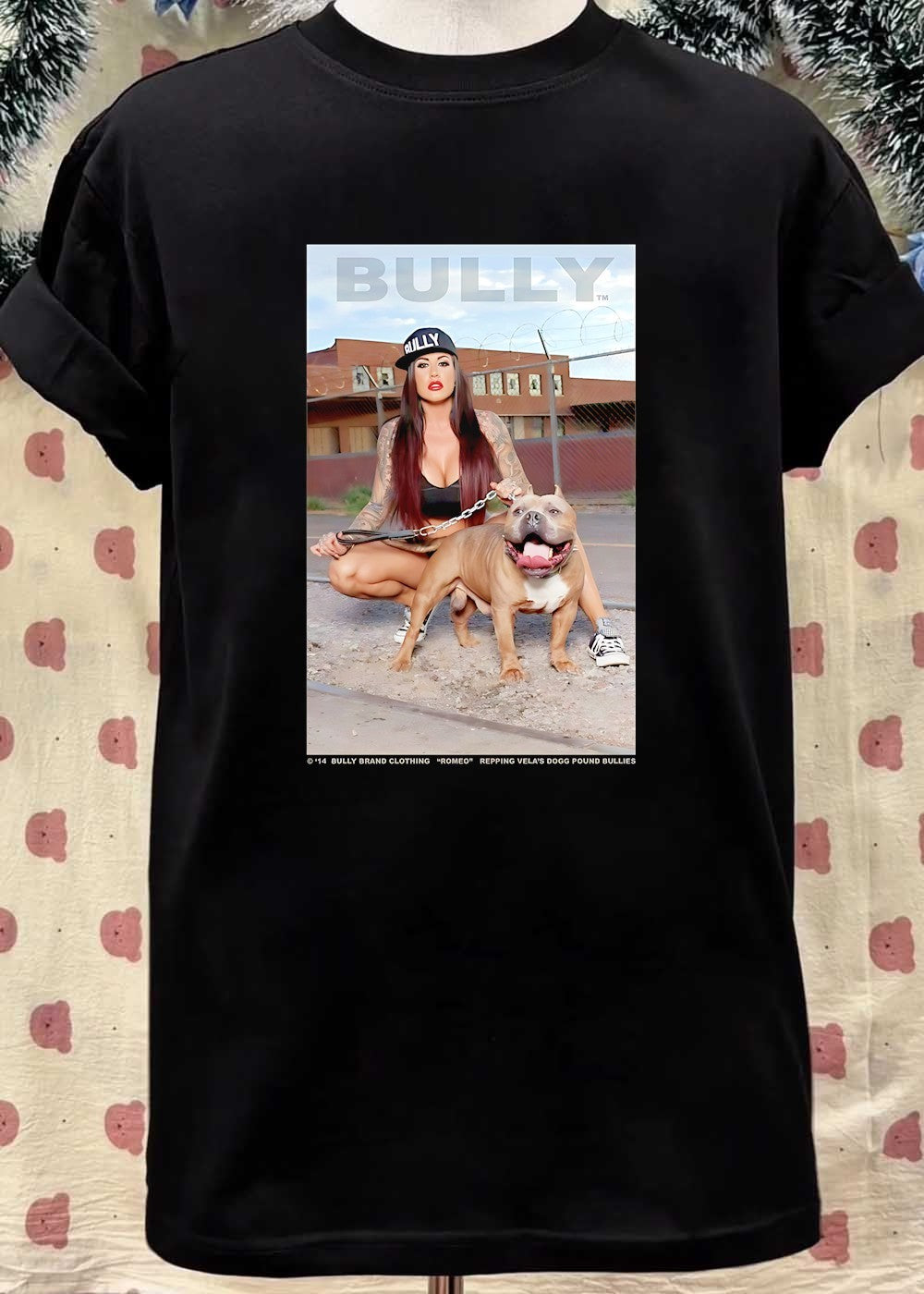Bully Brand Clothing Woman Holding American Bully Dog Repping Velas Dogg Pound Bullies T-Shirt