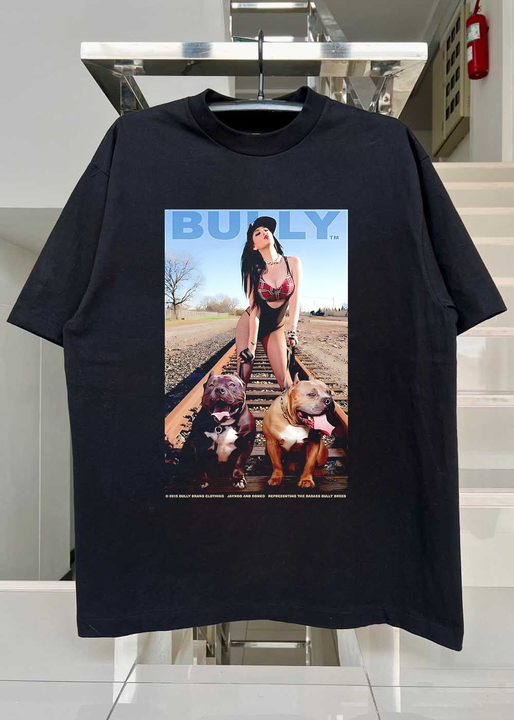 Bully Brand Cloyhing Jayngo and Romeo Representing the Badass Bully Breed Woman Walking Two Pitbulls on Train Tracks T-Shirt