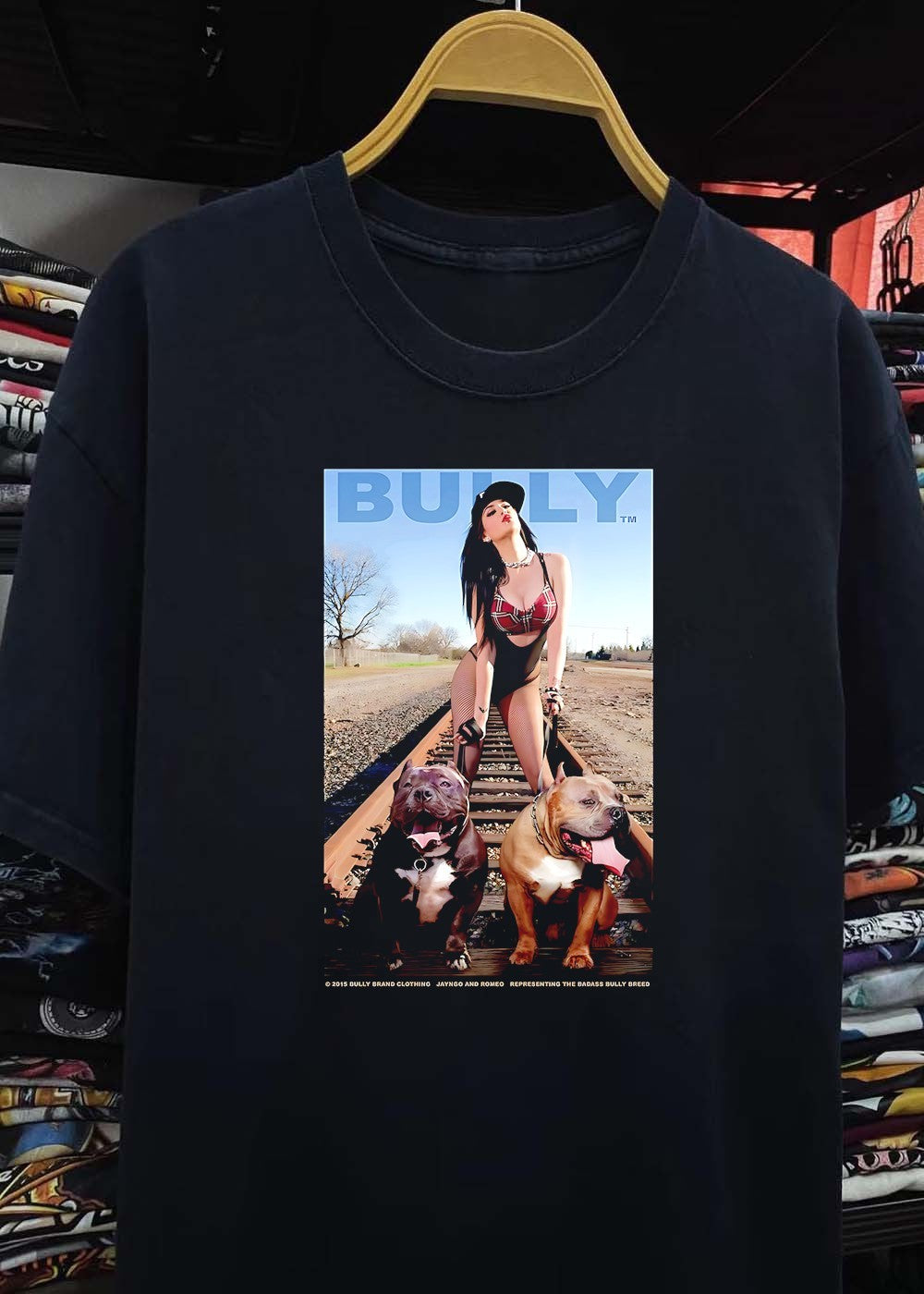 Bully Brand Cloyhing Jayngo and Romeo Representing the Badass Bully Breed Woman Walking Two Pitbulls on Train Tracks T-Shirt