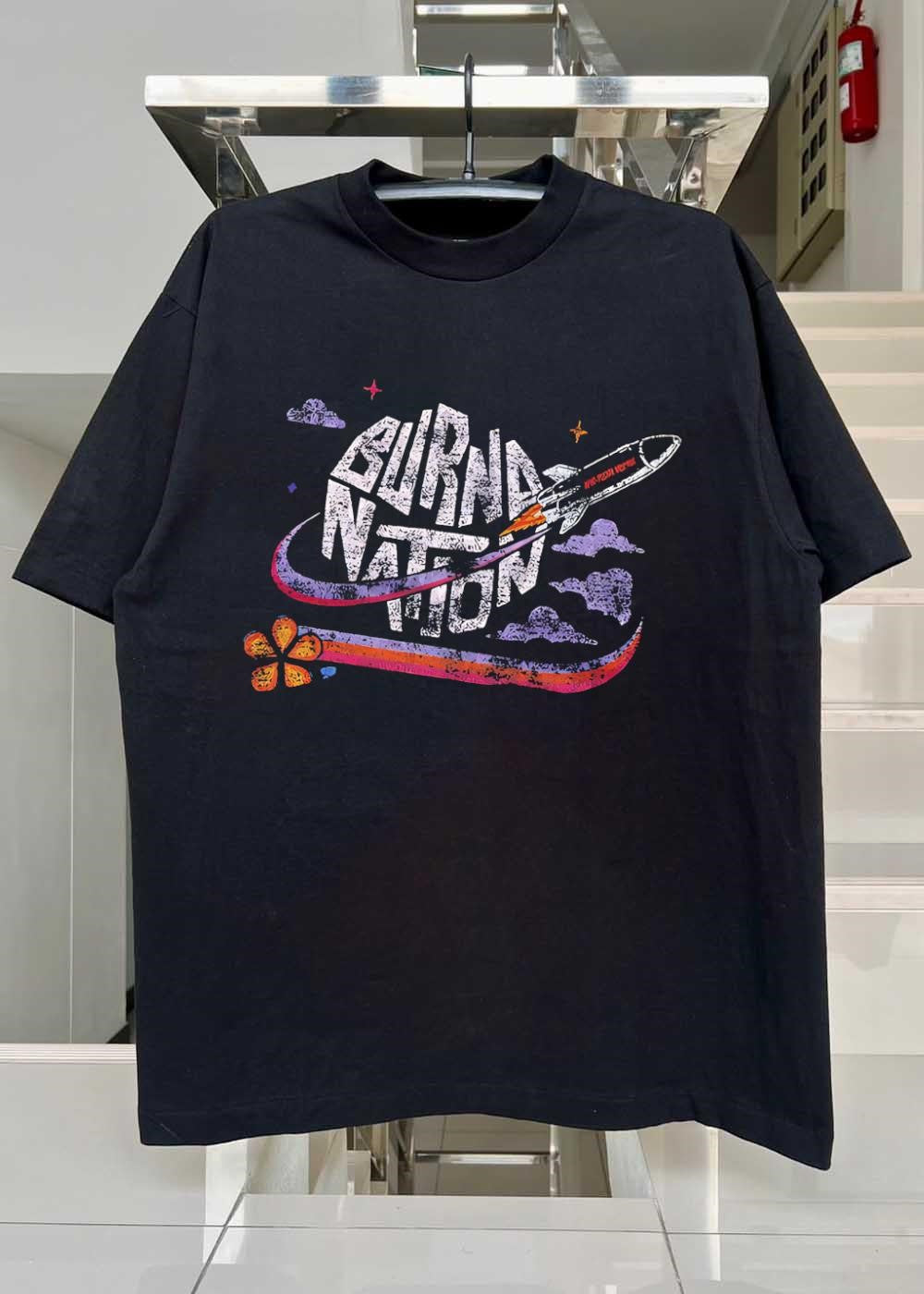 Burn Nation Blast Off Rocket Space Flower Retro T-Shirt