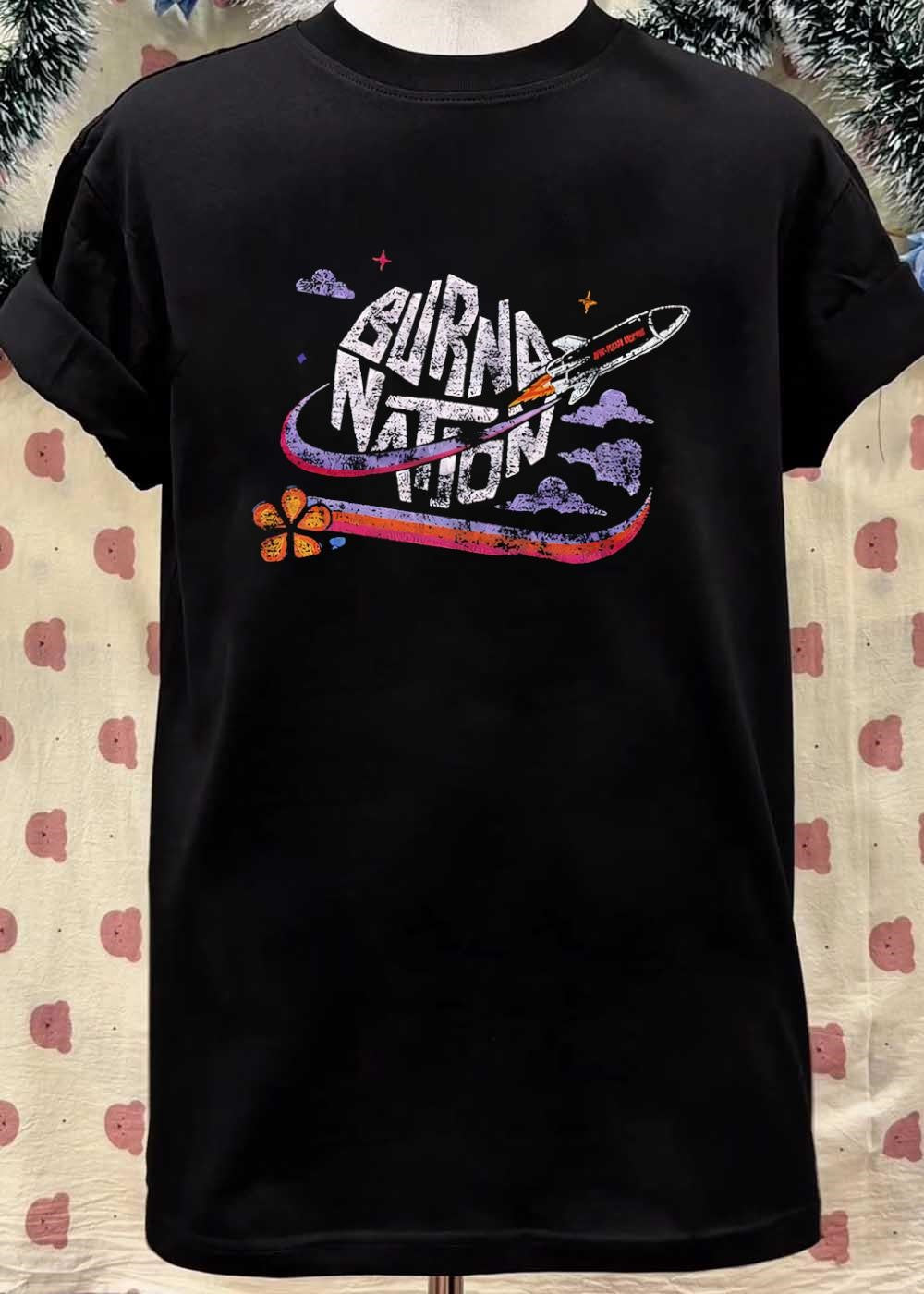 Burn Nation Blast Off Rocket Space Flower Retro T-Shirt