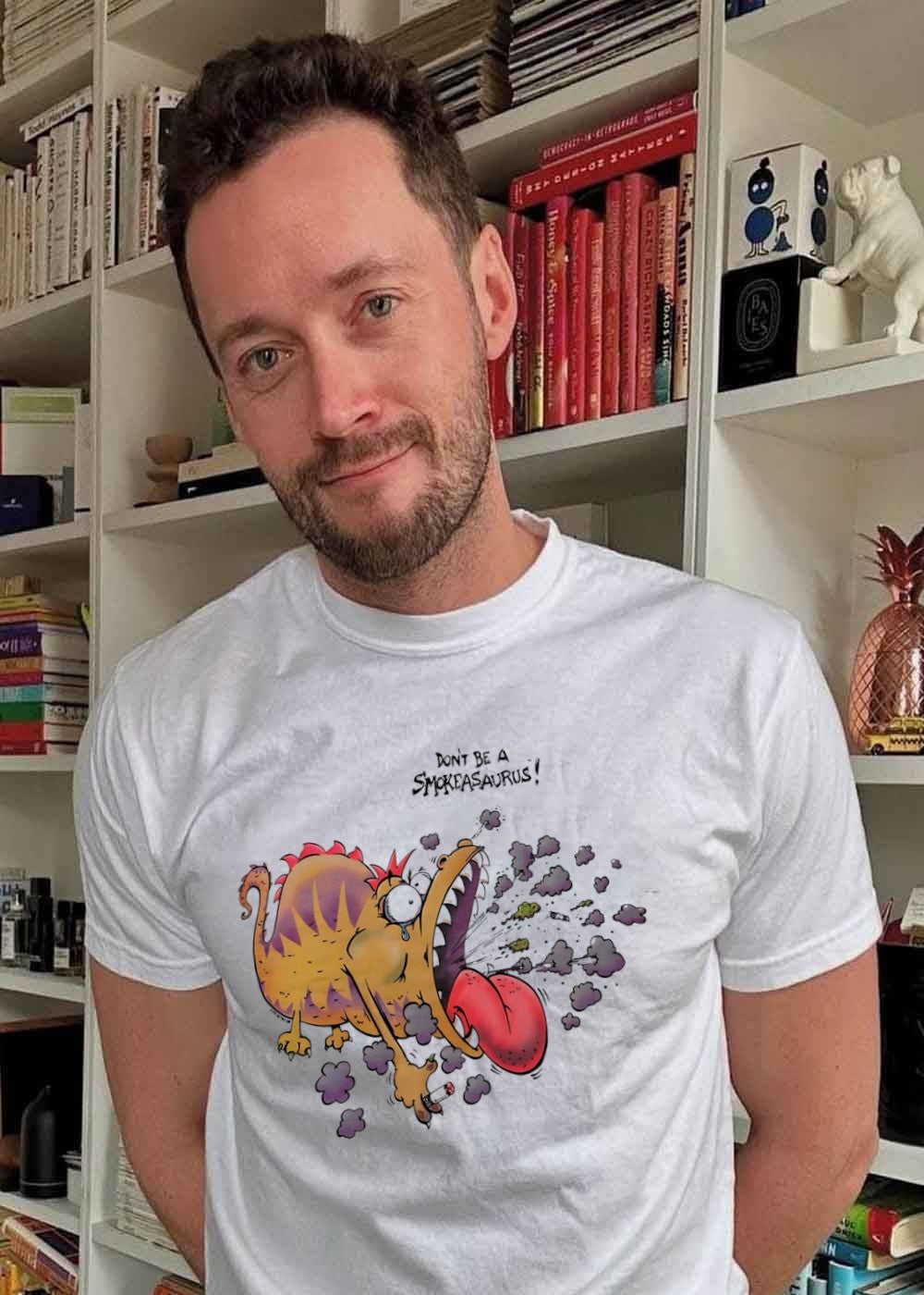 Buttoutz Don’t Be a Smokeasaurus Smoking Dinosaur Cartoon T-Shirt