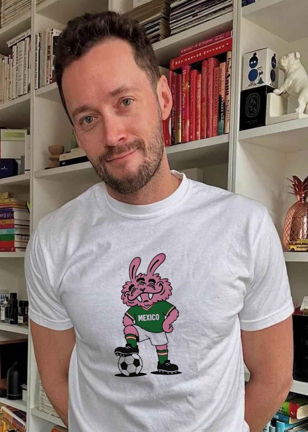Cartoon Mascot Pink Bunny Standing with Soccer Ball Mexico T-Shirt