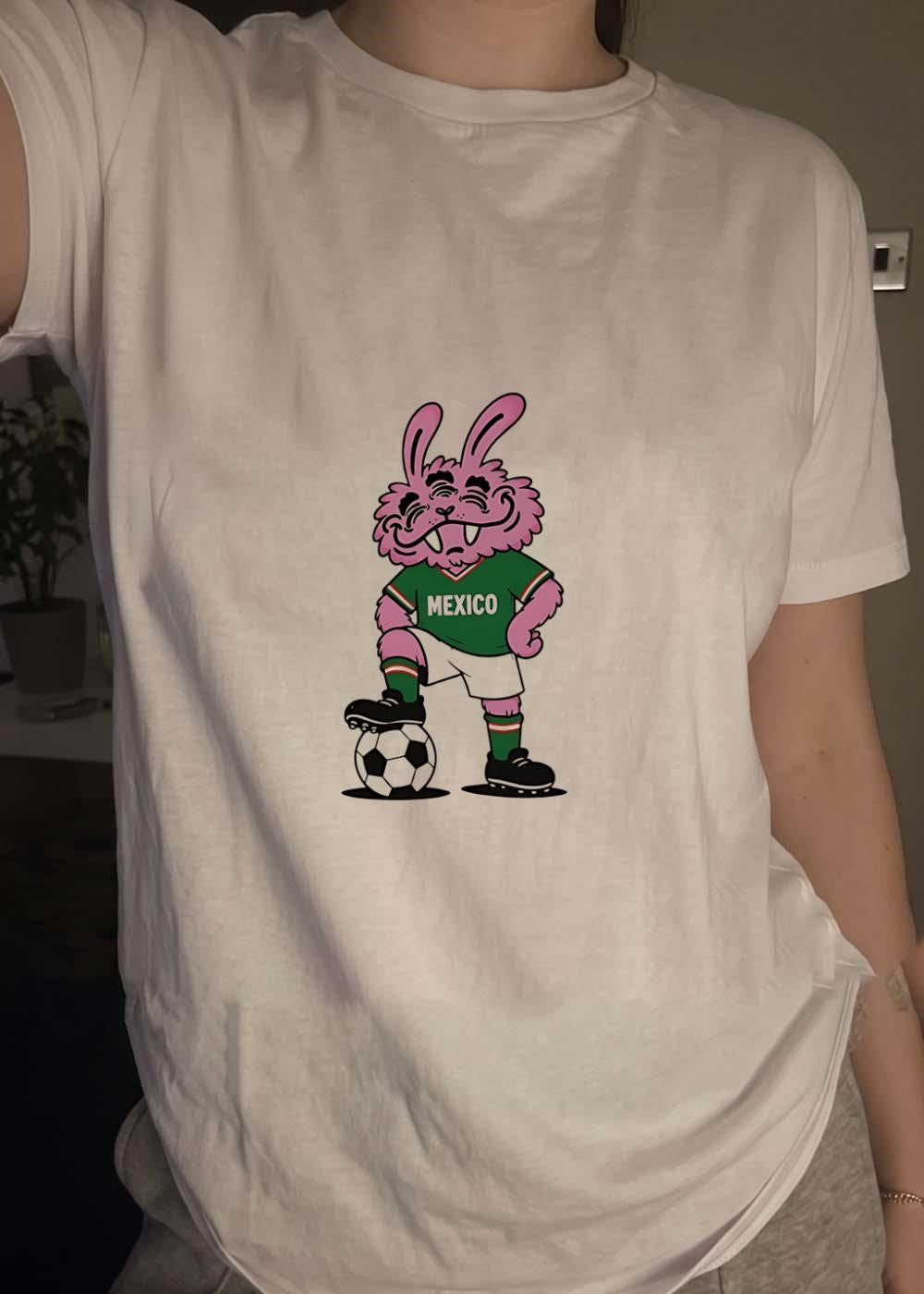 Cartoon Mascot Pink Bunny Standing with Soccer Ball Mexico T-Shirt