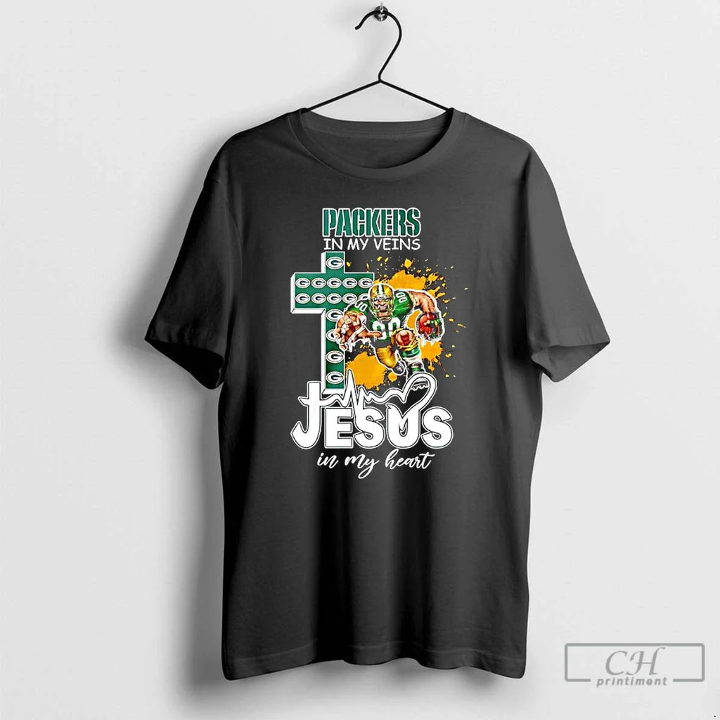 Classic Green Bay Packers My Veins Jesus My Heart Features Football Player T-Shirts, Hoodie, Sweatshirt