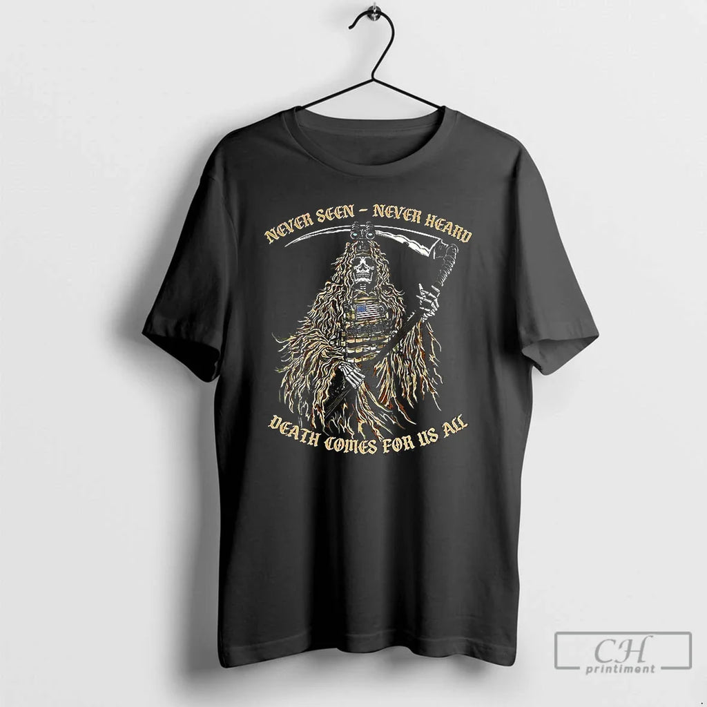 Classic Never Seen Never Heard Death Comes Us All Reaper Soldier T-Shirts, Hoodie, Sweatshirt