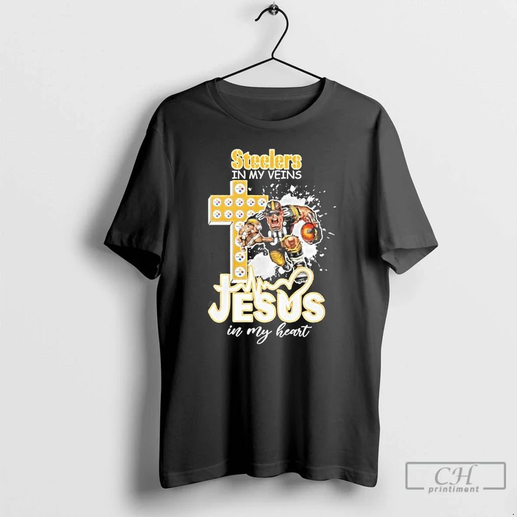 Classic Steelers My Veins Jesus Mascot My Heart Mascots T-Shirts, Hoodie, Sweatshirt