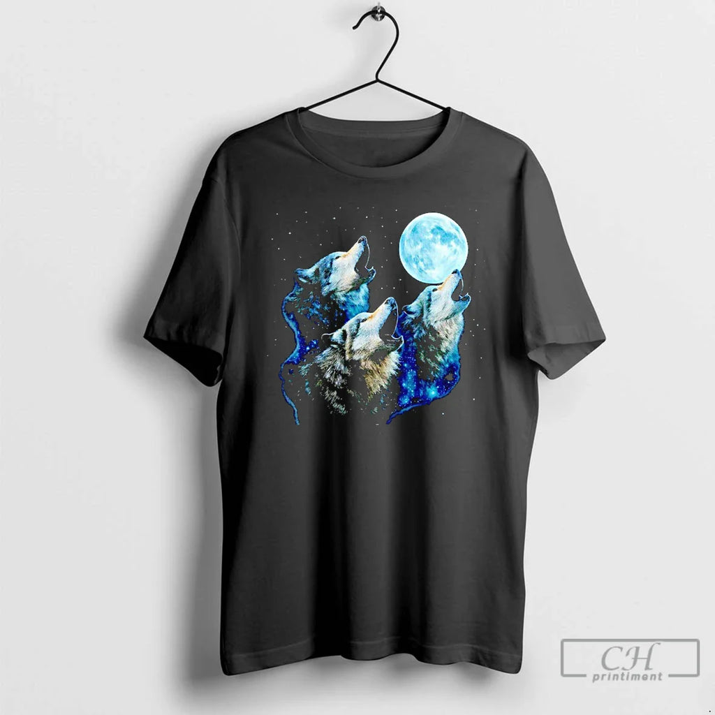 Classic Three Wolves Howling Cyan Moon Night Mystic Glow T-Shirts, Hoodie, Sweatshirt