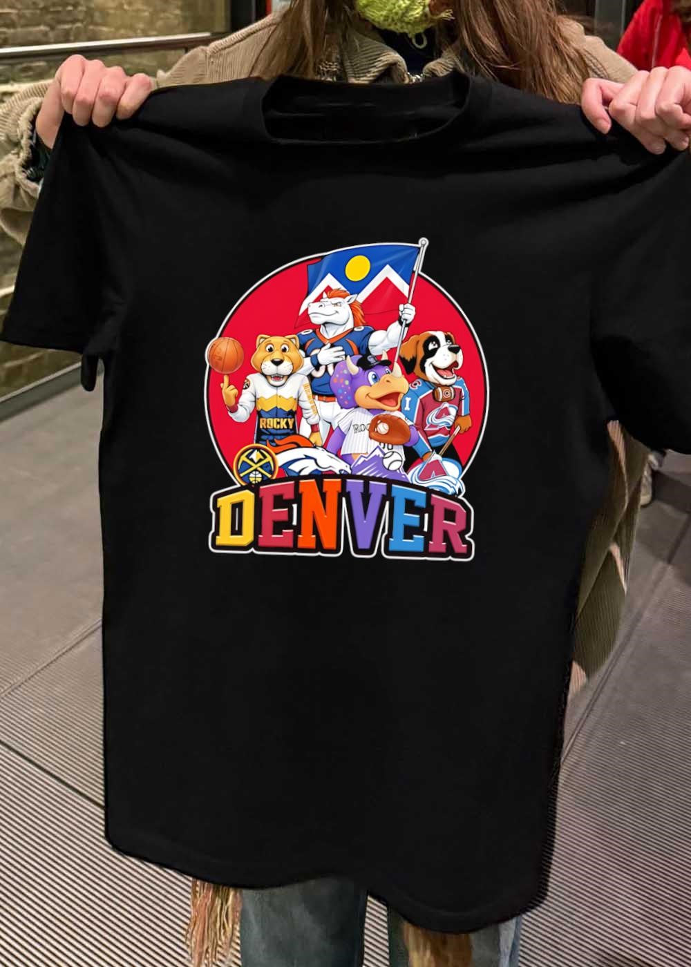 Denver Mascots with Colorado Flag and Sport Equipment Rocky Rockies T-Shirt
