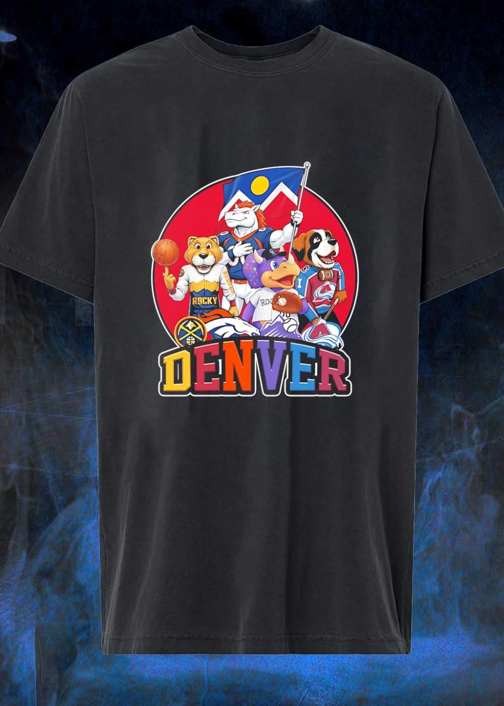 Denver Mascots with Colorado Flag and Sport Equipment Rocky Rockies T-Shirt
