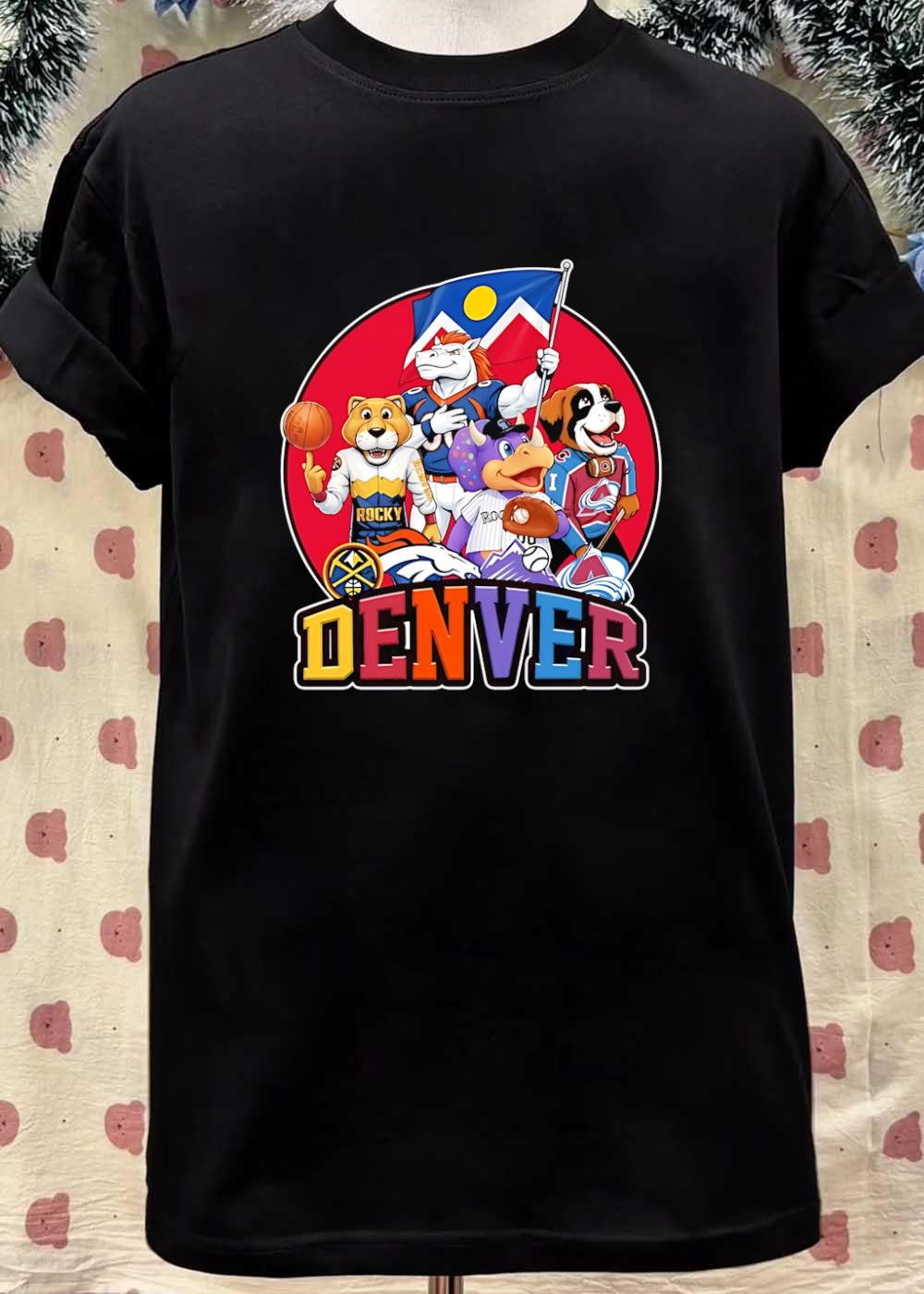 Denver Mascots with Colorado Flag and Sport Equipment Rocky Rockies T-Shirt