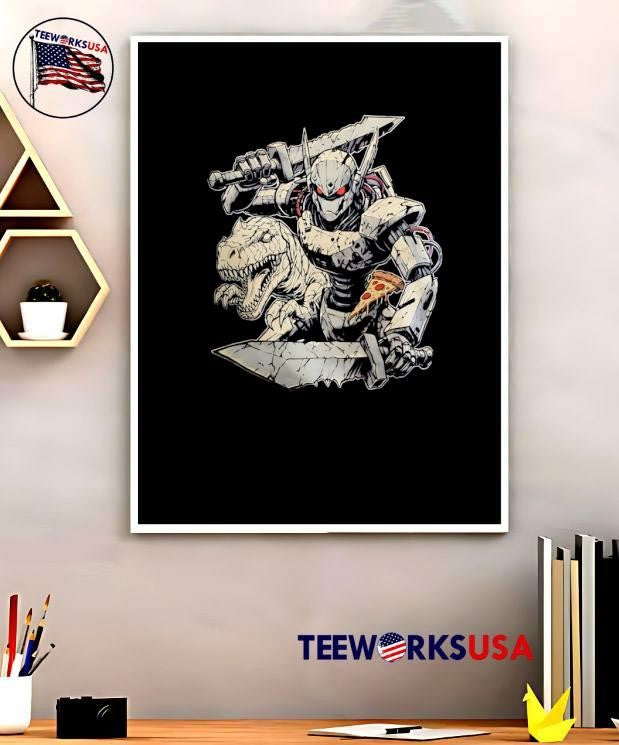 Dino Knight Robotic Warrior Eating Pizza Graphic T-Shirt