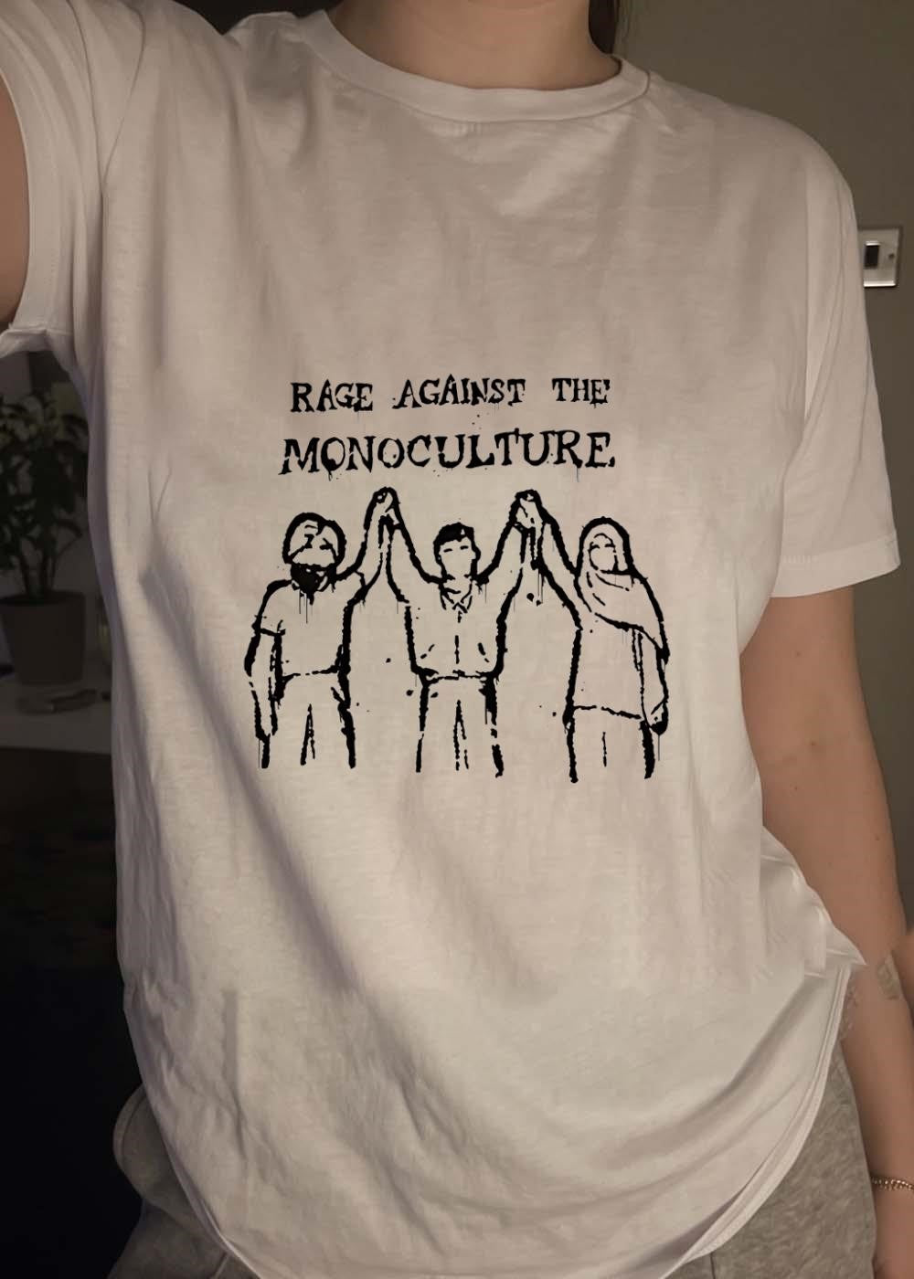 Diverse Individuals Raising Hands Rage Against the Monoculture T-Shirt