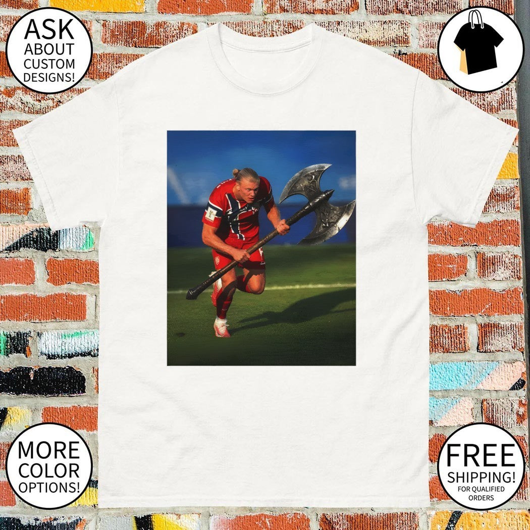 Erling Haaland wielding a battle-axe World Cup 2026 meme shirt