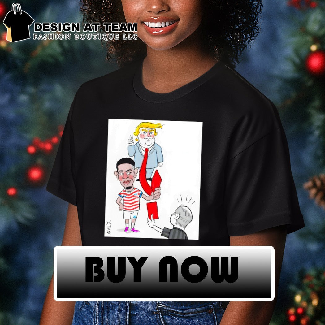 Folarin Balogun cartoon holding Trump tie Red Card World Cup 2026 shirt