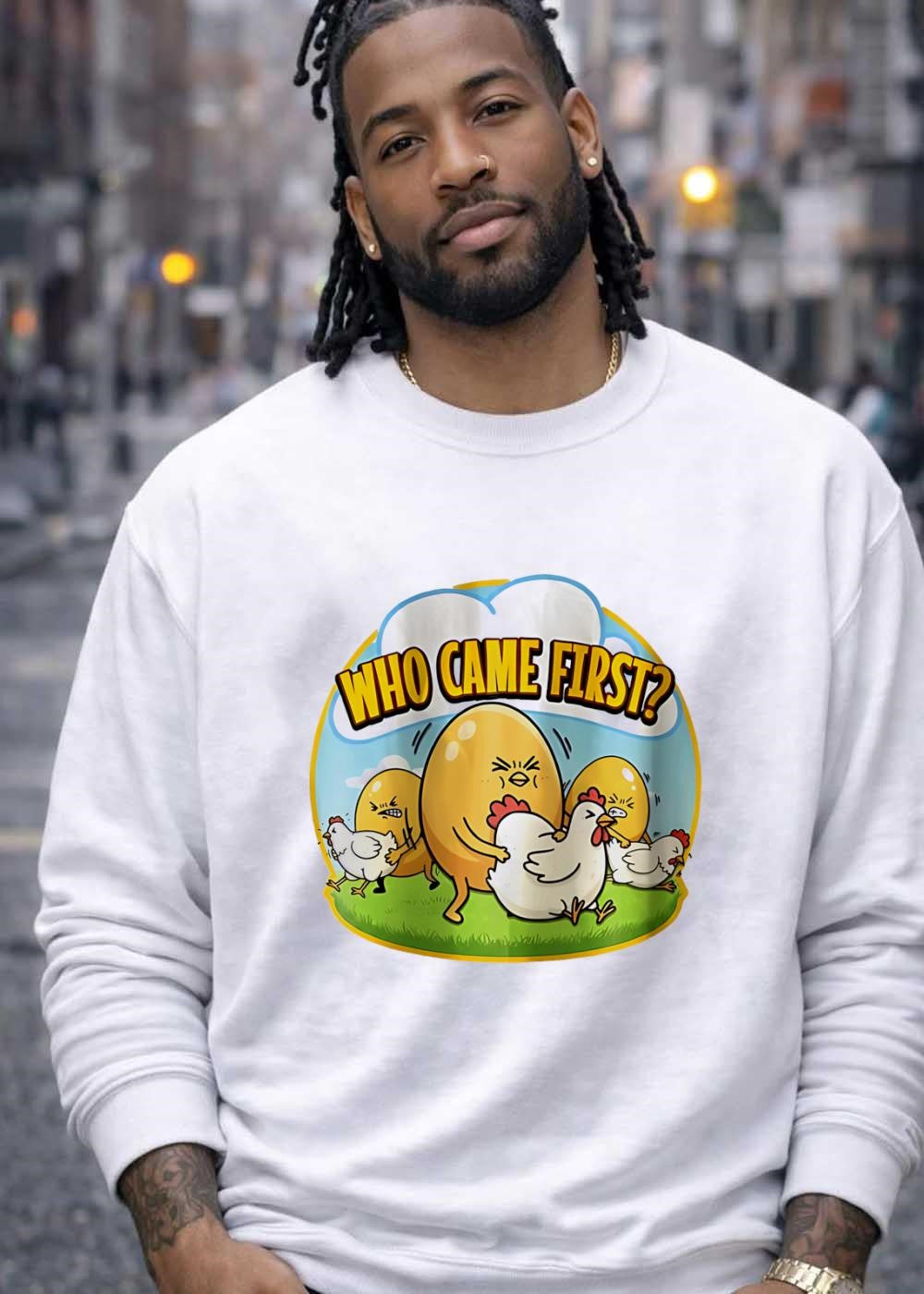 Funny Eggs Pushing Chickens Who Came First T-Shirt