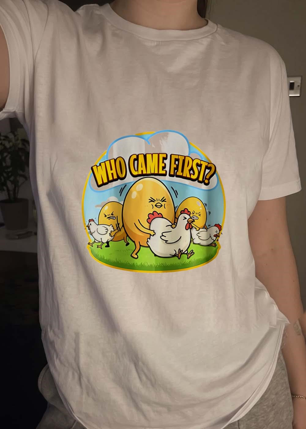 Funny Eggs Pushing Chickens Who Came First T-Shirt