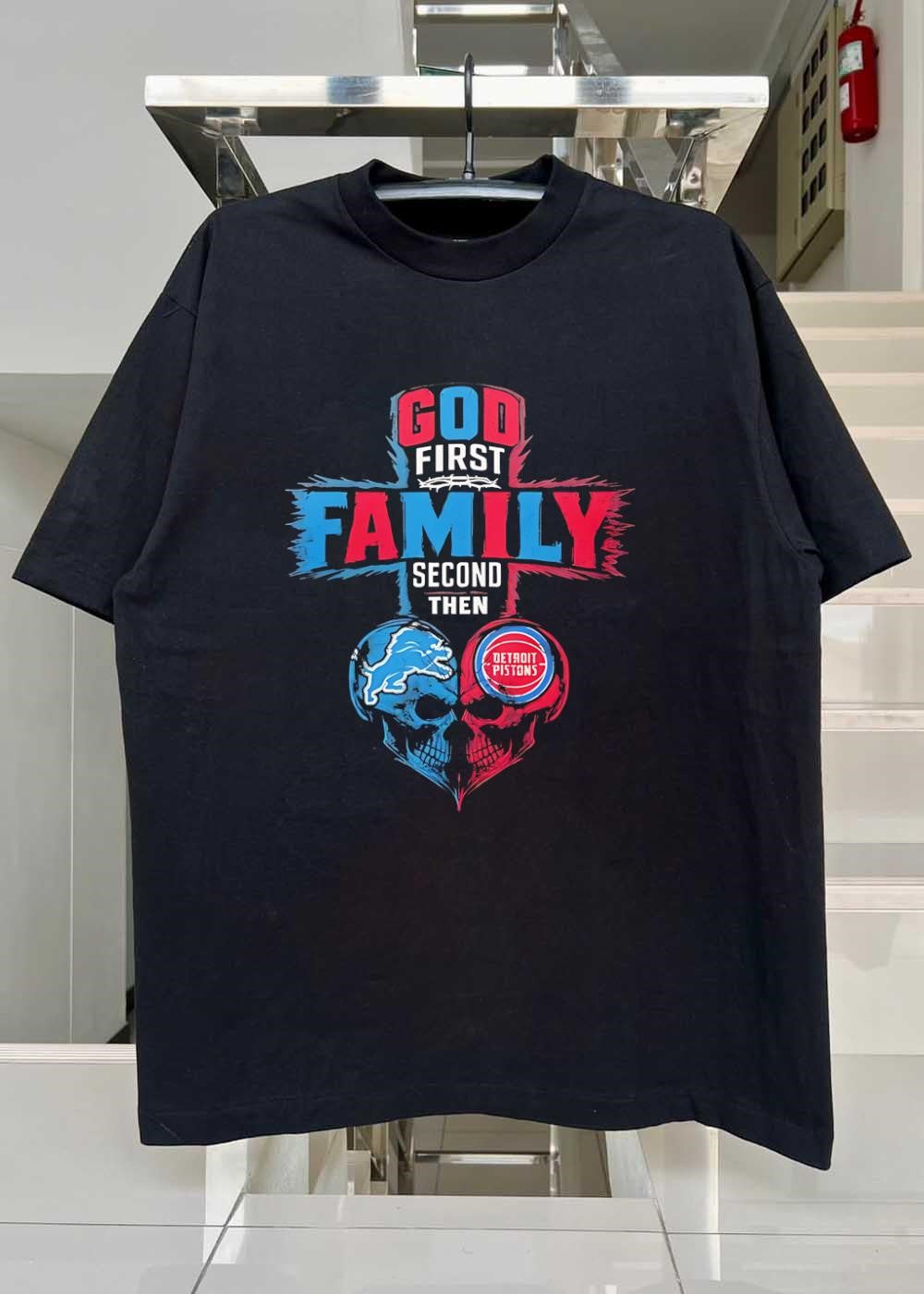 God First Family Second Then Detroit Lions Detroit Pistons Skull shirt