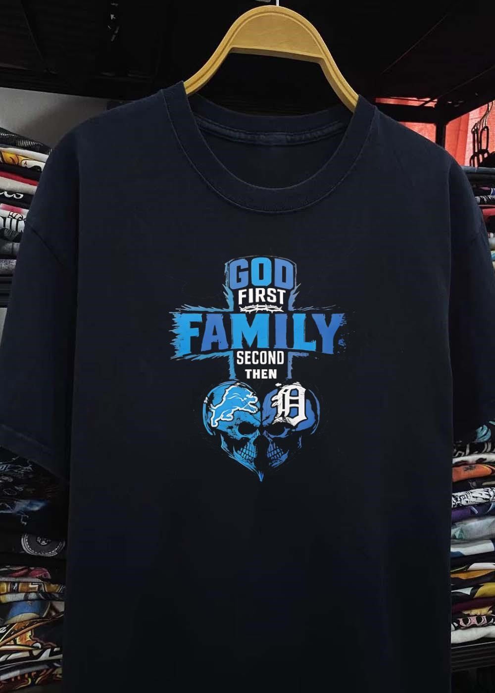 God First Family Second Then Detroit Lions Detroit Tigers Skull shirt