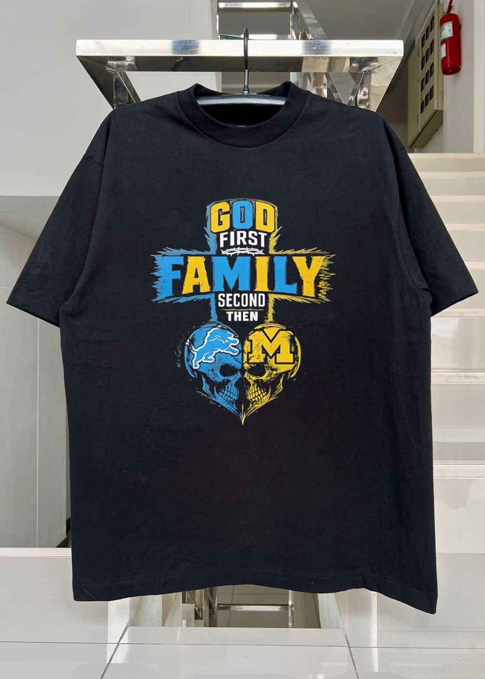 God First Family Second Then Detroit Lions Michigan Wolverines Skulls shirt