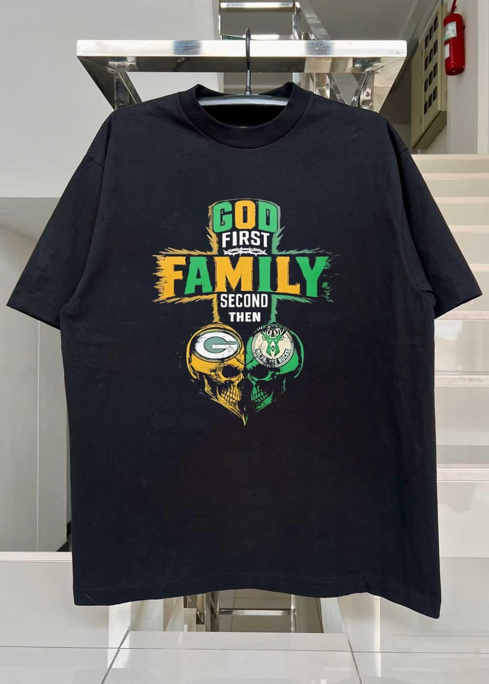 God First Family Second Then Green Bay Packers Milwaukee Bucks Skull shirt
