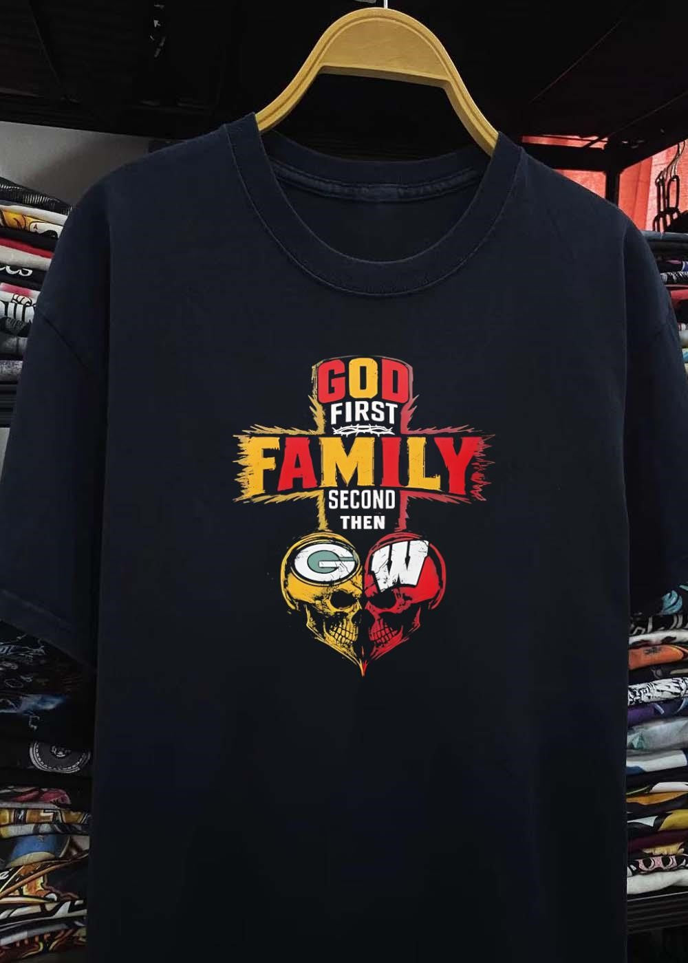 God First Family Second Then Green Bay Packers Wisconsin Badgers Skull shirt