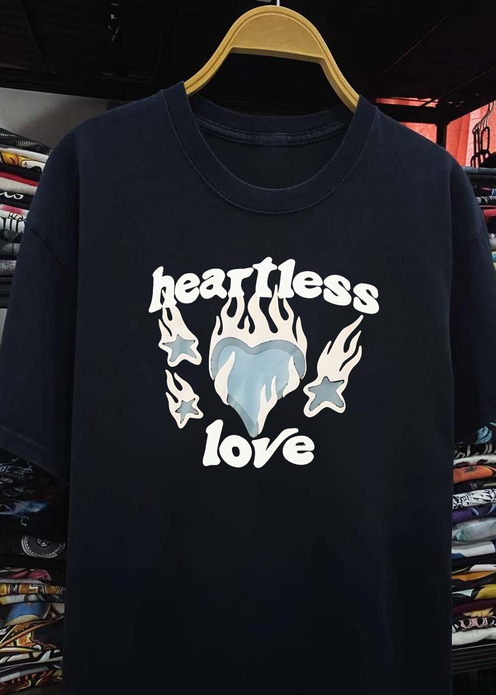 Heartless Love Flaming Heart and Stars Graphic Unisex T-Shirt