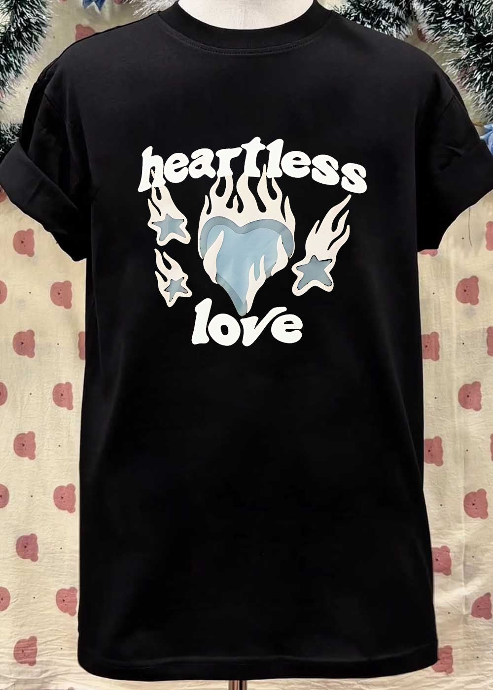 Heartless Love Flaming Heart and Stars Graphic Unisex T-Shirt