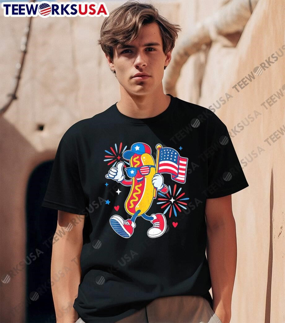 Dog Holding American Flag Firework shirt
