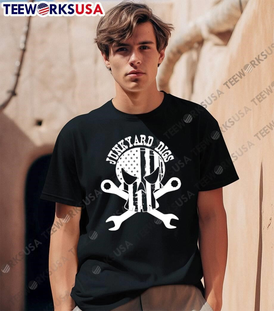 Junkyard Digs Skull American Flag Wrench Tool shirt
