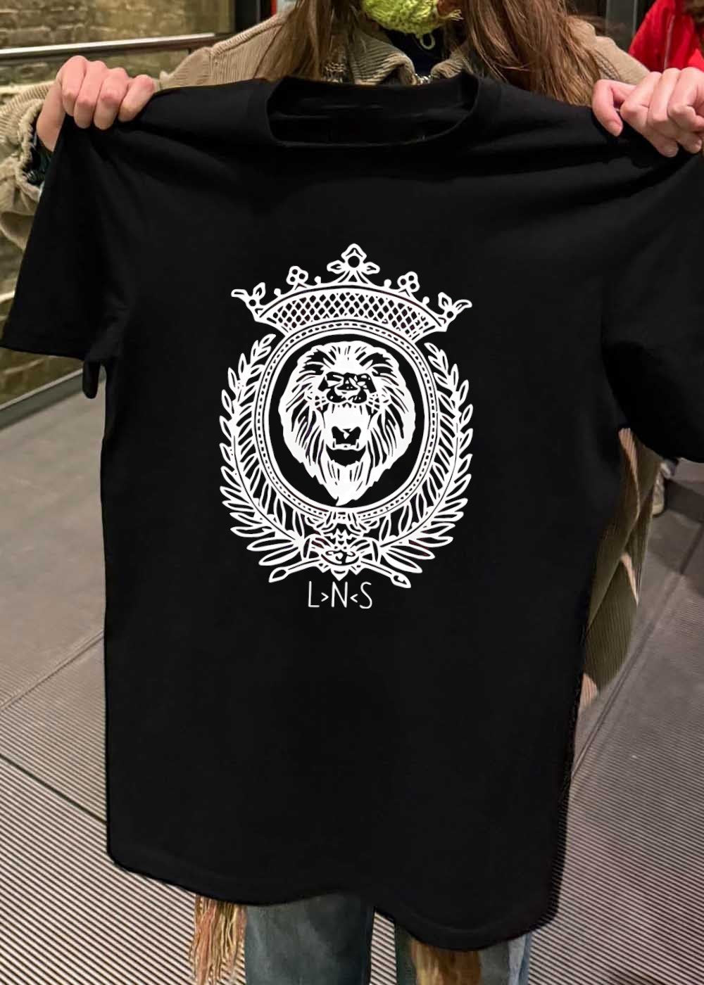 LNS Lion Emblem Heraldic Crest Monochromatic Graphic Cotton T-Shirt