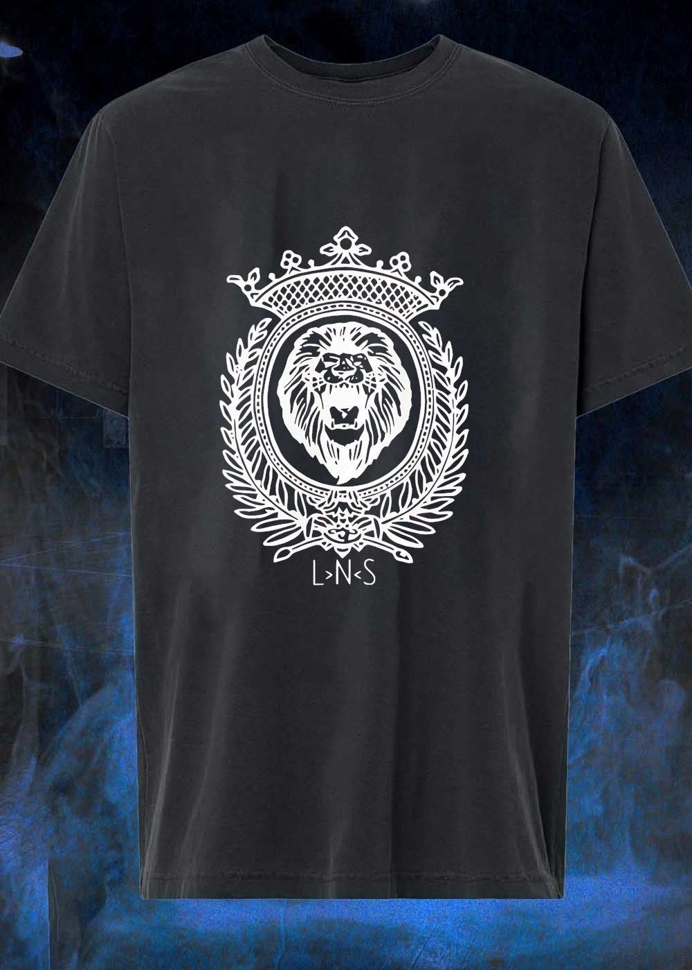 LNS Lion Emblem Heraldic Crest Monochromatic Graphic Cotton T-Shirt