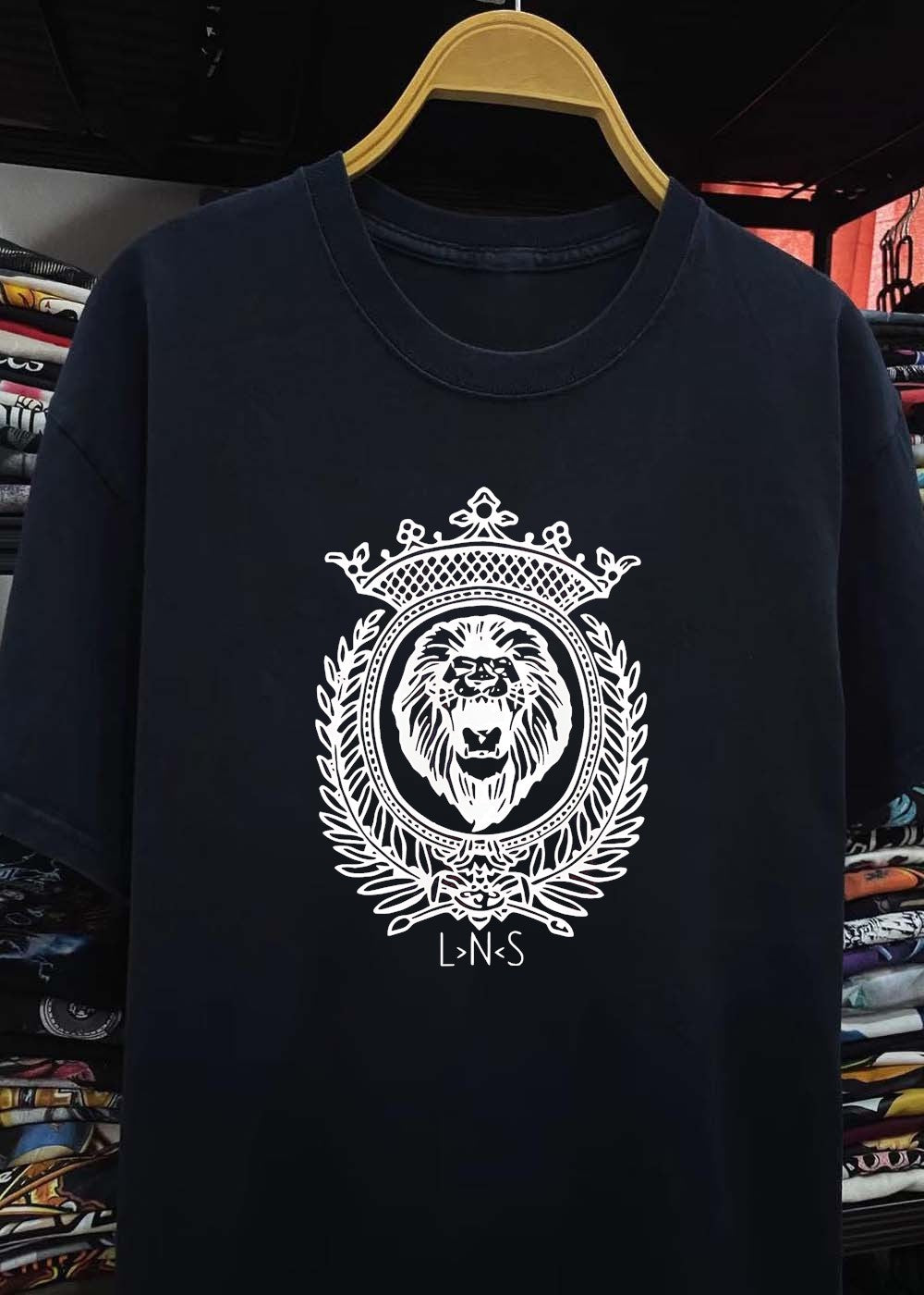 LNS Lion Emblem Heraldic Crest Monochromatic Graphic Cotton T-Shirt