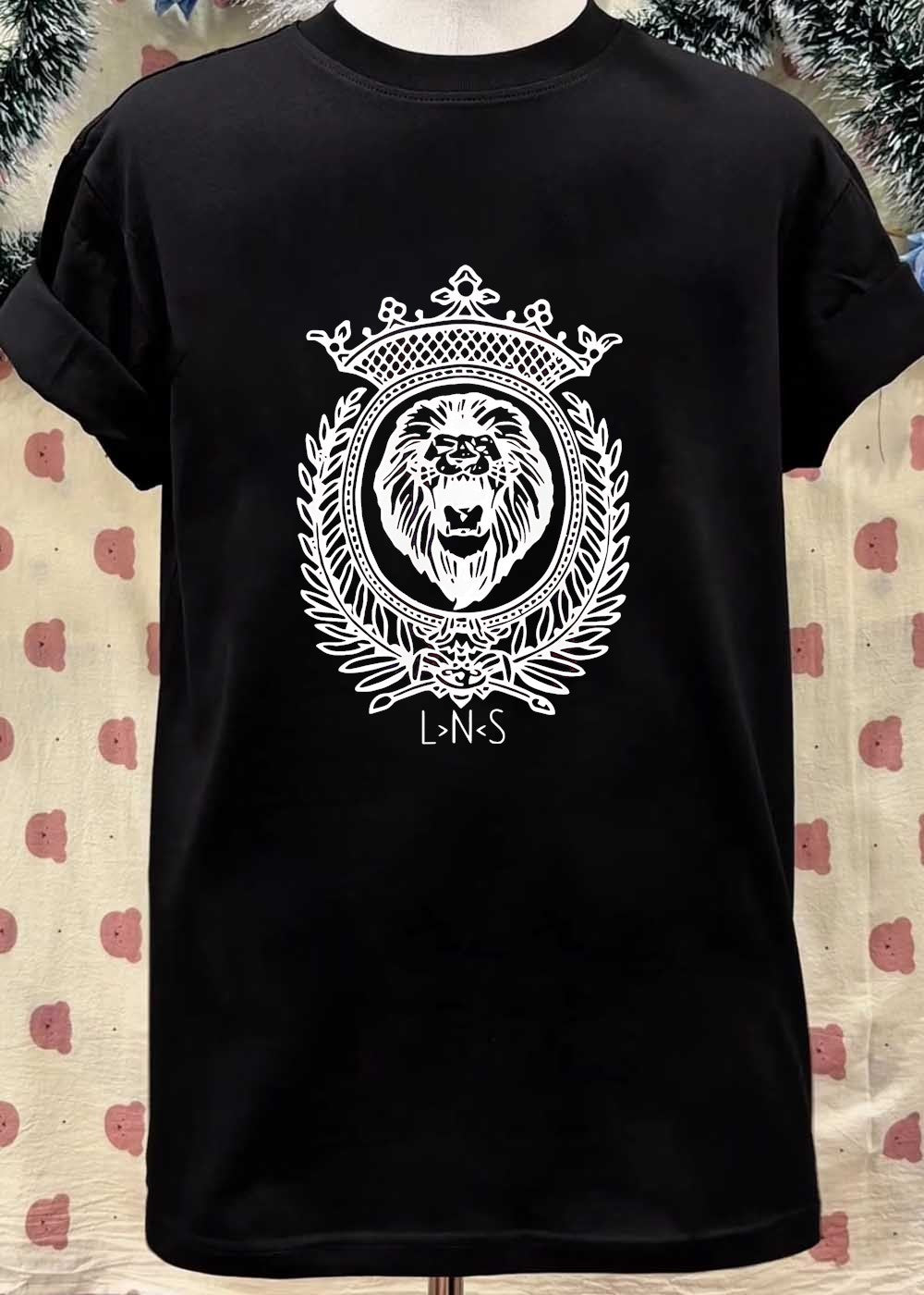 LNS Lion Emblem Heraldic Crest Monochromatic Graphic Cotton T-Shirt