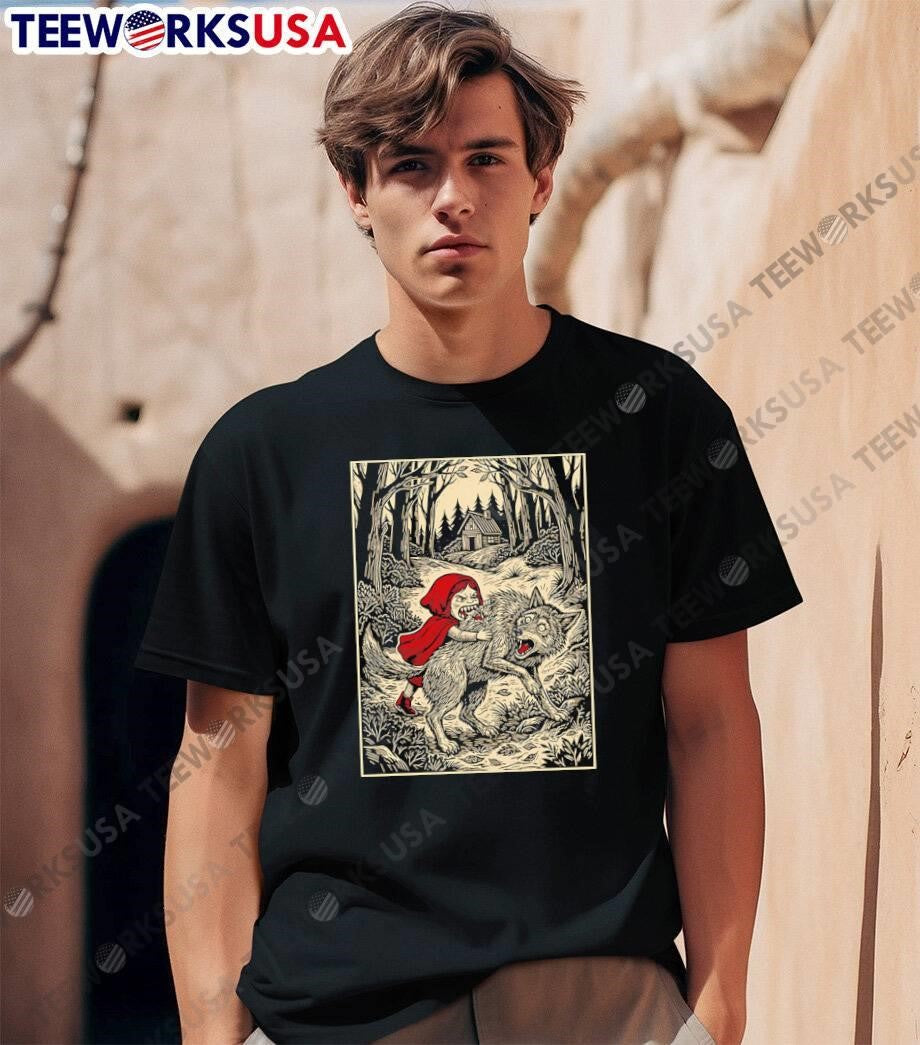 Little Red Riding Hood Eating The Wolf Forest Cabin Horror Graphic T-Shirt